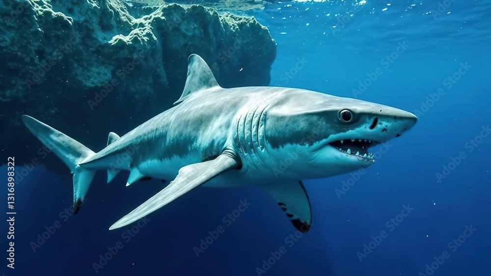 Fototapeta premium A shark swimming over a coral reef in the ocean. A close-up of a great white shark. Large shark Ready to attack its prey.