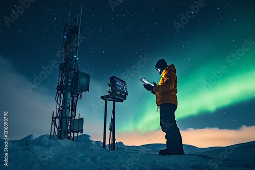 Polar researchers.Arctic scientists.A solitary Arctic scientist examining data on a tablet while standing next to high-tech monitoring equipment, with auroras lighting up the night sky