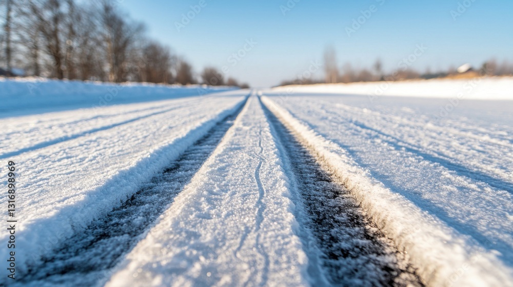 Winter Frozen Roads Concept, Close-Up of Deeply Etched Frozen Tire Tracks on Snowy Surface in Winter Landscape Winter Frozen Roads Concept, Close-Up of Deeply Etched Frozen Tire Tracks on Snowy Surface in Winter Landscape
