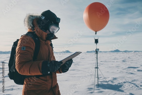 A scientist in a heavy parka and goggles, taking notes on a clipboard while standing near a weather balloon release station.Climate scientists.Arctic scientists.Polar researchers.