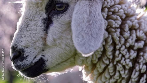 Adorable white lamb gazing directly at camera, standing in lush springtime meadow with blooming pink trees softly framing pastoral landscape