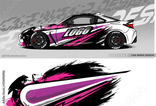 Car wrap design vector. Car livery abstract decal with white, black, purple, pink colour. Sticker Vinyl template. Suitable for racing, rally, drfit, sport car, truck, or daily use car