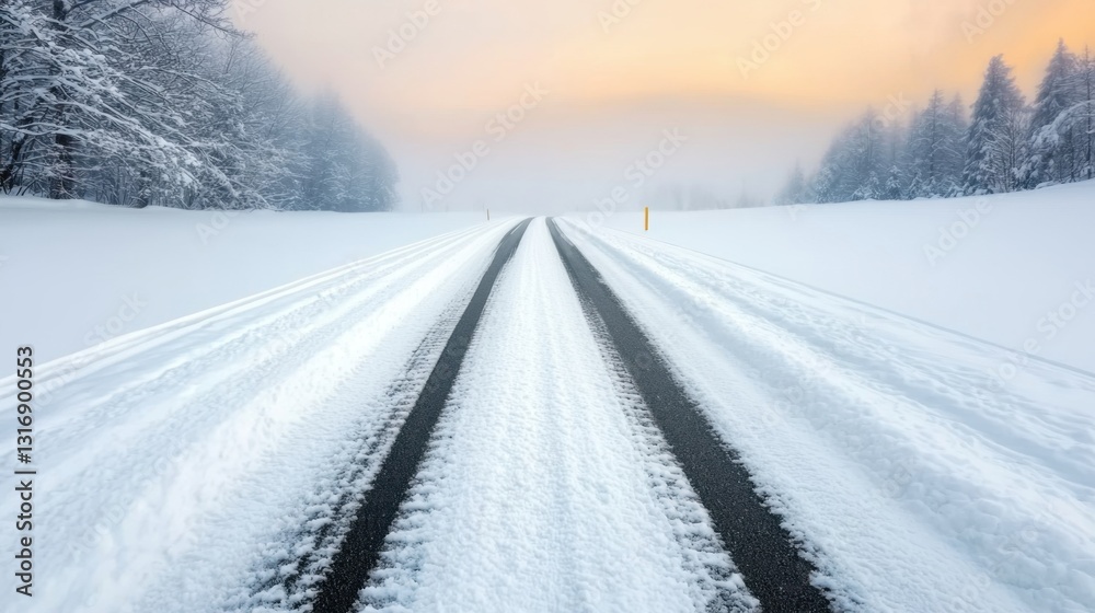 Fototapeta premium Winter Frozen Roads Concept, Snow-Covered Road Stretching into the Foggy Horizon in a Tranquil Winter Landscape