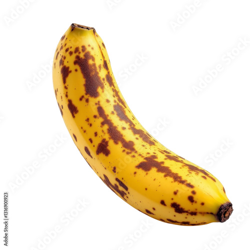 Close-up of a speckled banana with a transparent background. photo