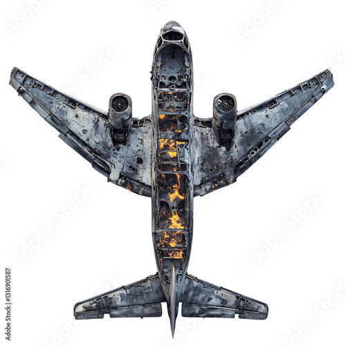 Burned Out Airplane Skeleton Isolated on Transparent Background
