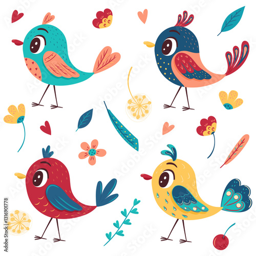 A set of cute bright spring birds, flowers, leaves, feathers. A collection of spring elements for decorating postcards, clothes, stickers and posters. Isolated vector illustration.