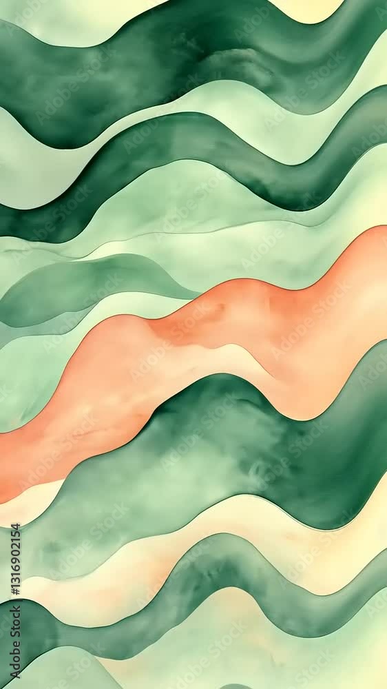 Abstract Wavy Patterns of Soft Green and Peach Tones