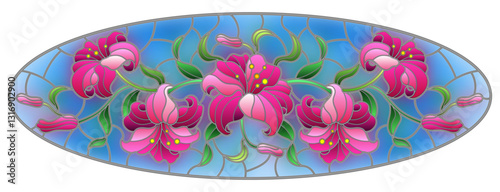 27423llustration in stained glass style with flowers, leaves and buds of pink lilies on a blue background, oval image