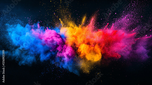 Energetic Holi color powder burst with dramatic splatter effect on dark backdrop, abstract paint texture for creative projects like invitations, packaging, or social media visuals. Professional captur