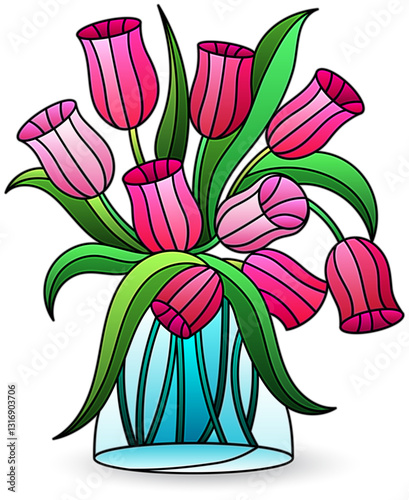 Stained glass illustration with still life, vase with tulip flowers isolated on a white background