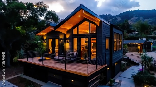 Modern Architectural Design of a Cozy House Surrounded by Nature at Dusk with Elegant Lighting Features