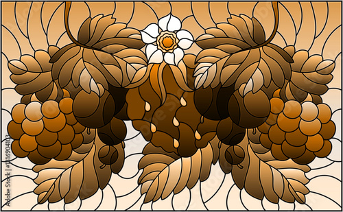 An illustration in stained glass style with ripe berries and leaves, horizontal orientation, tone brown