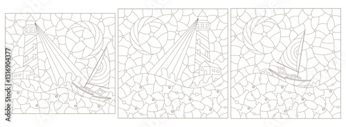 Set of contour illustrations in the style of a stained glass window with a seascape, a lighthouse and a boat