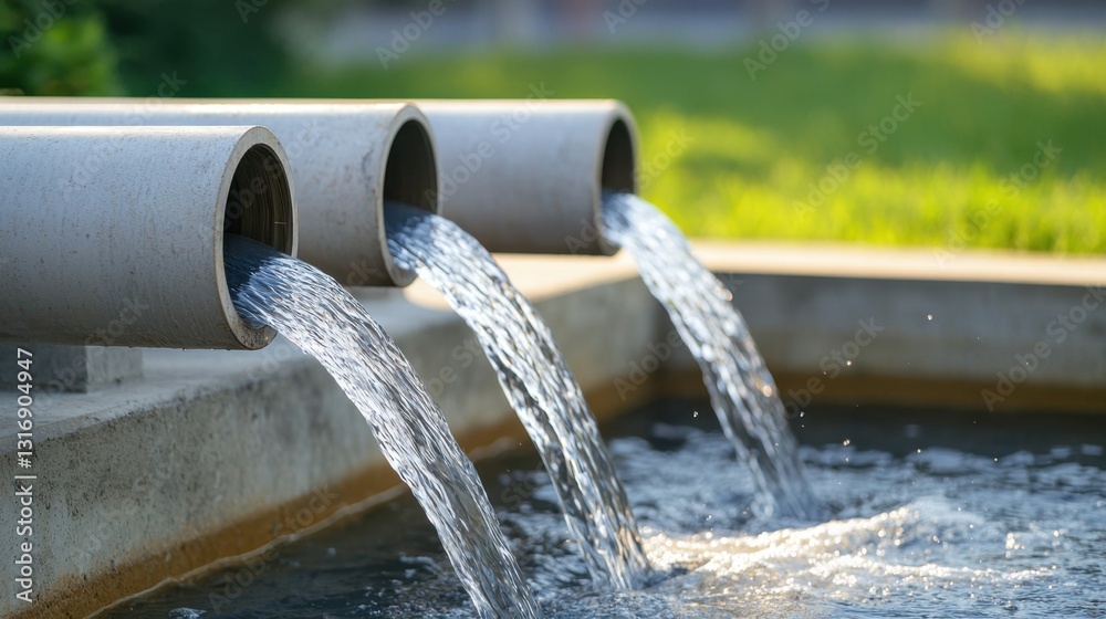 Drain pipe Sewer Drainage Concept, Large Industrial Drain Pipe with Water Cascading into Pool Surrounded by Green Grass and Sunlight Drain pipe Sewer Drainage Concept, Large Industrial Drain Pipe with Water Cascading into Pool Surrounded by Green Grass and Sunlight