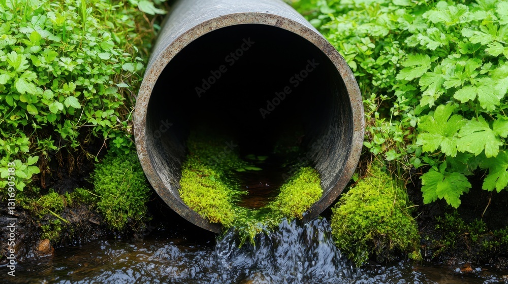 Drain pipe Sewer Drainage Concept, Moss and Vines Surrounding an Open Pipe Draining Water in a Lush Green Environment Drain pipe Sewer Drainage Concept, Moss and Vines Surrounding an Open Pipe Draining Water in a Lush Green Environment