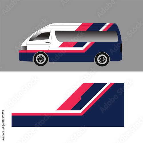 car body wrap livery decal design Blue, white, red van with design template suitable for branding business.