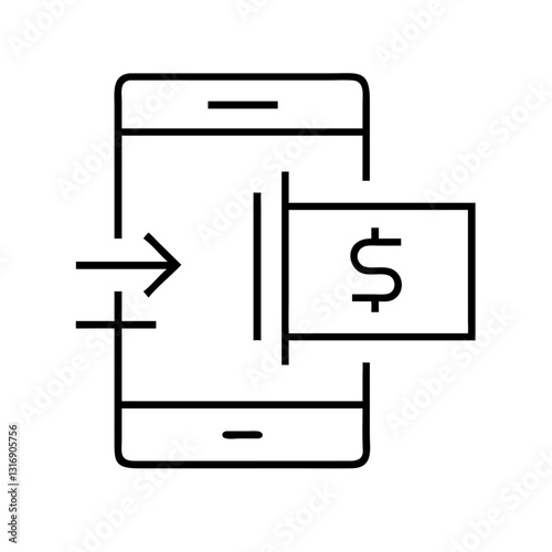 Mobile Payment Transaction Concept - Line Art Illustration of Phone and Cash Transfer with Copy Space