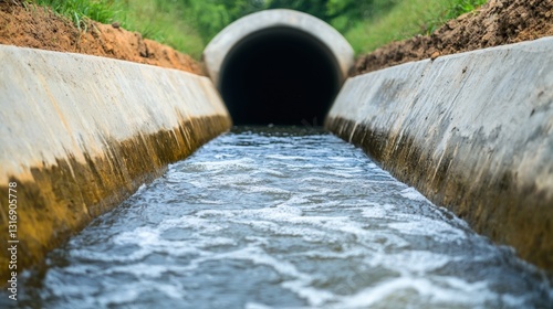 Drain pipe Sewer Drainage Concept, Wide Stormwater Drain with Concrete Walls and Flowing Water in Natural Environment