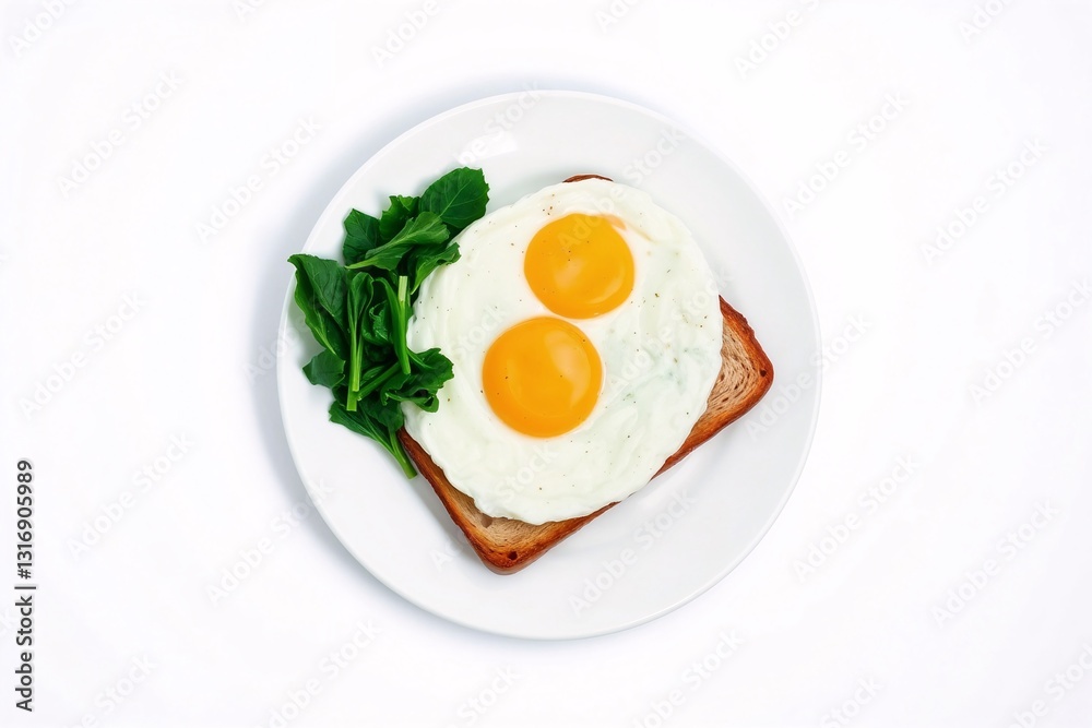 Healthy breakfast plate with green spinach, sunny-side up eggs, and toast. Healthy breakfast plate with green spinach, sunny-side up eggs, and toast.
