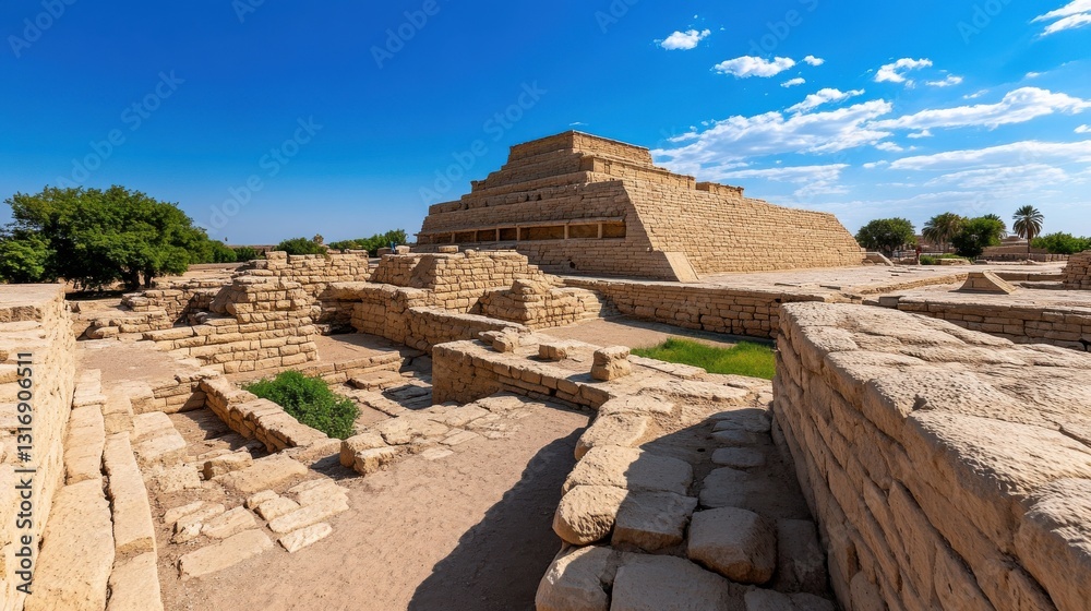 Obraz premium Ancient Pyramid Structure Surrounded by Ruins and Greenery under Bright Blue Sky