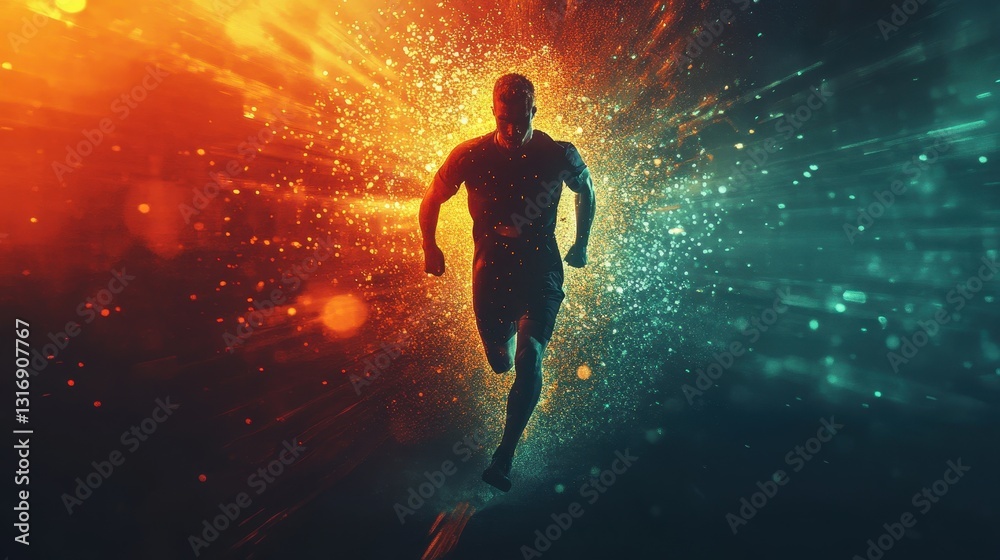 Naklejka premium Dynamic silhouette of running male in vibrant orange and blue explosive light