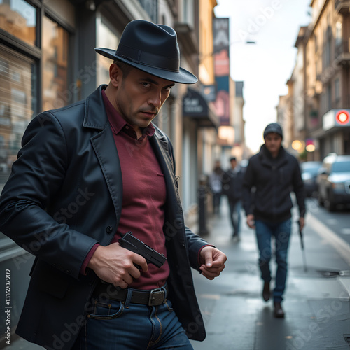 Personal weapons for self-defense. street crime concept. a man robs on the street. The search of the criminal, the man pulls a gun out of his jeans. Death threat.