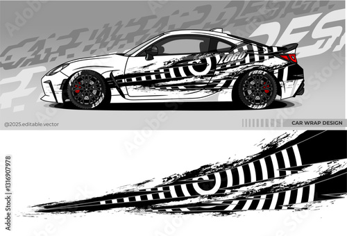 Car wrap design vector. Car livery abstract decal with black, white colour. Sticker Vinyl template. Suitable for racing, rally, drfit, sport car, truck, or daily use car