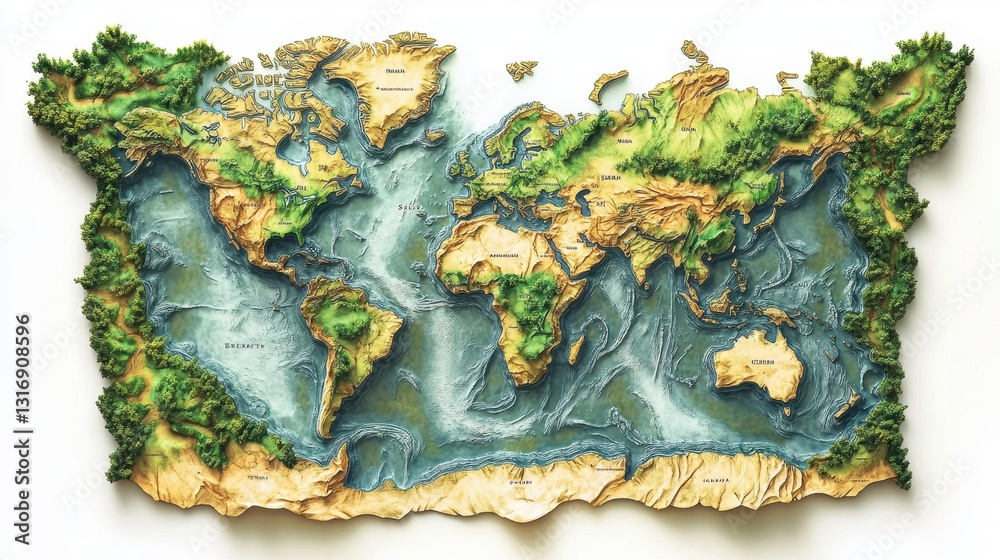 Naklejka premium Detailed world map with topography and vegetation features