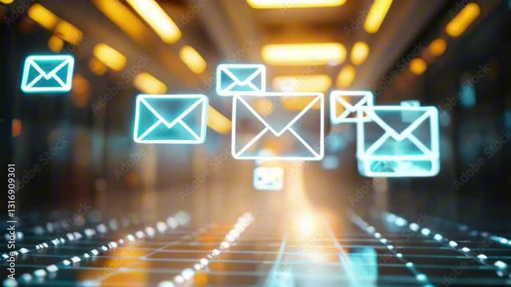 animation de mails bleus sous éclairage néons jaunes
