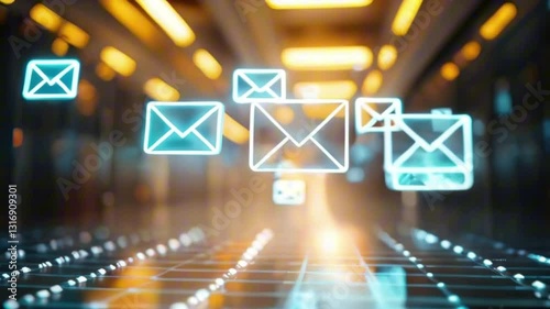 animation de mails bleus sous éclairage néons jaunes