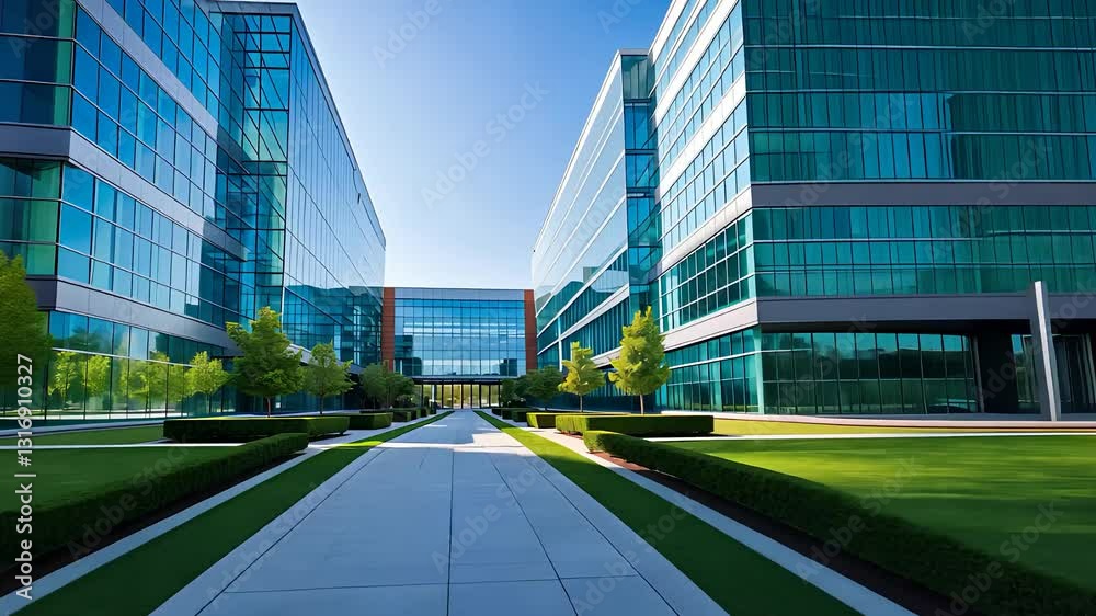 Modern Corporate Office Complex With Glass Facades, Green Landscaping ...