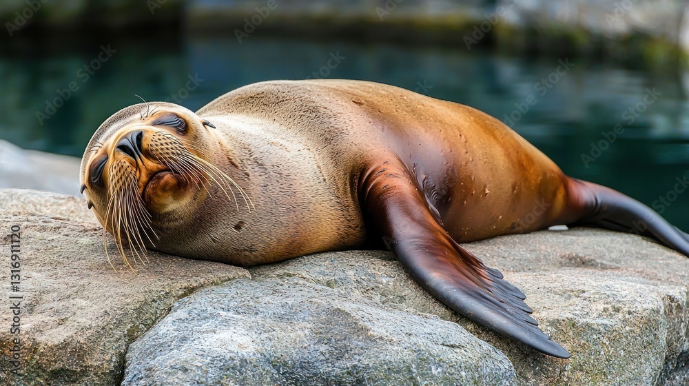 Fototapeta premium Relaxed sea lion resting on rocks near water.