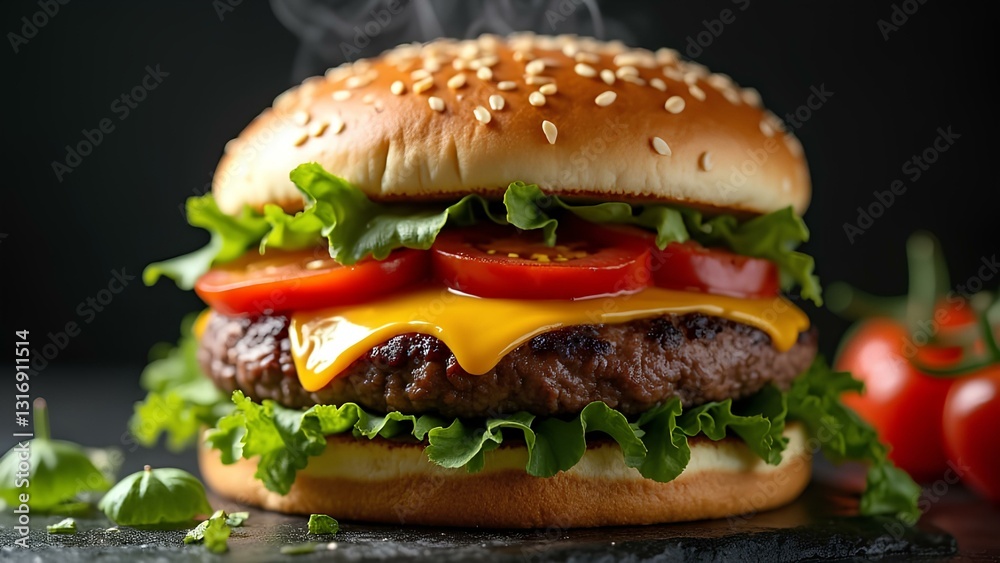 A mouthwatering, high-quality cheeseburger with a perfectly grilled beef patty, melted cheddar cheese, fresh lettuce, and juicy tomato slices. A mouthwatering, high-quality cheeseburger with a perfectly grilled beef patty, melted cheddar cheese, fresh lettuce, and juicy tomato slices.