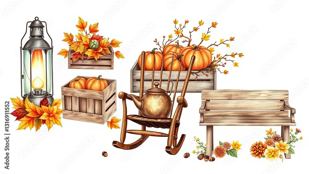Obraz premium Autumn Harvest Pumpkins Lantern Rocking Chair Bench Fall Leaves