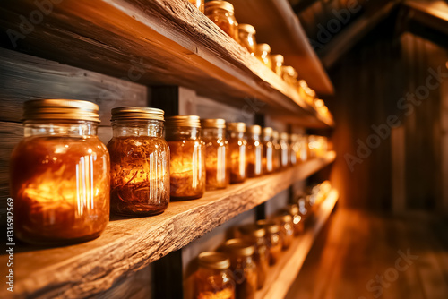 Wallpaper Mural Glass jars filled with vibrant preserved vegetables stand proudly on rustic wooden shelves, casting a warm glow in a dimly lit cellar. The setting evokes a sense of timeless charm and simplicity Torontodigital.ca