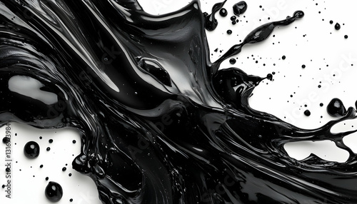 Abstract black liquid swirls and splatters on white background  Dynamic glossy texture