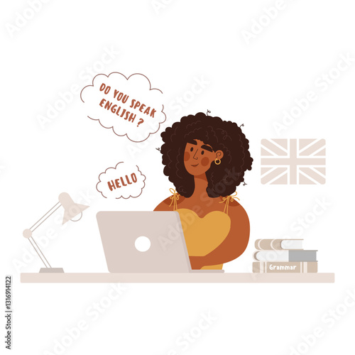 Online language school. Female student learns English Online. Online education concept. Particular English lessons.English teacher.Vector illustration 