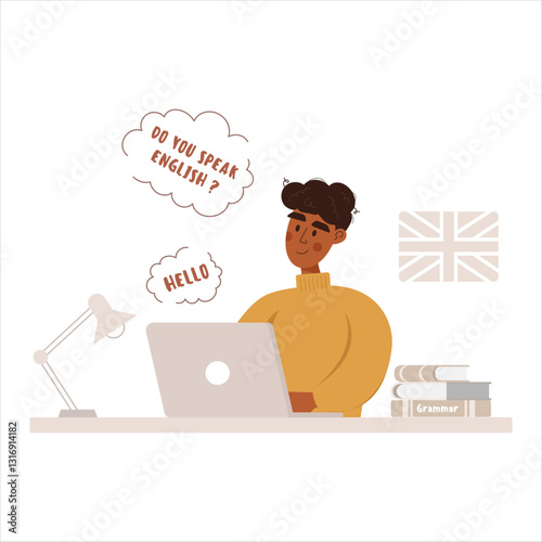 Online language school. Male student learns English online.Online education concept. Particular English lessons.English teacher.Vector illustration 