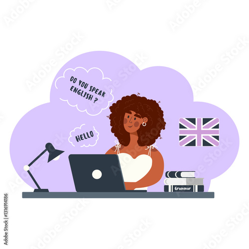 Online language school. Female student learns English online.Online education concept. Particular English lessons.English teacher.Vector illustration 