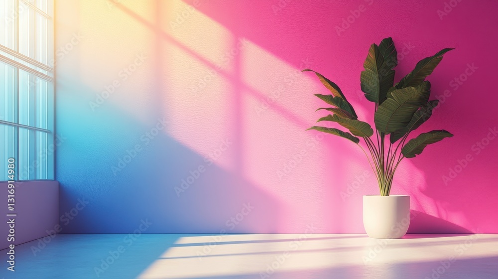 Tropical plant in white pot against colorful gradient wall with sunlight shadows