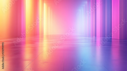 Vibrant abstract neon corridor with glowing lights and reflections