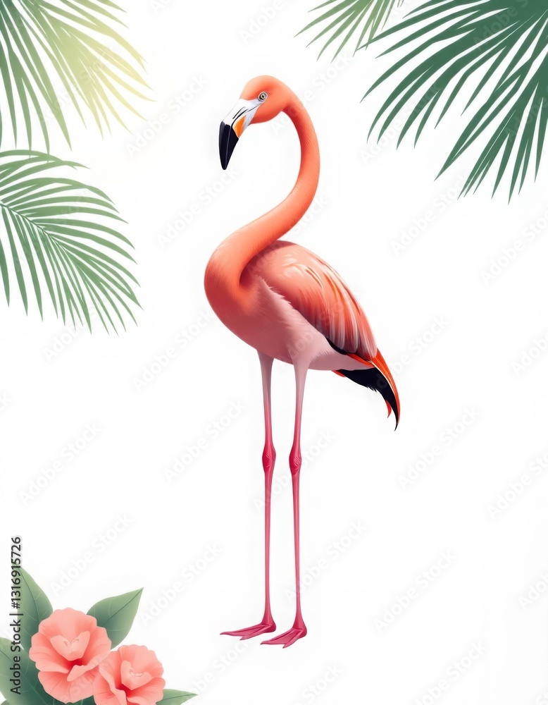 Fototapeta premium Pink flamingo on white background illustration