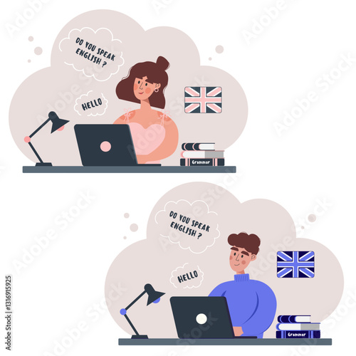 Online language school. Students learn English on the Internet.Online education concept. Particular English lessons.English teacher.Vector illustration 