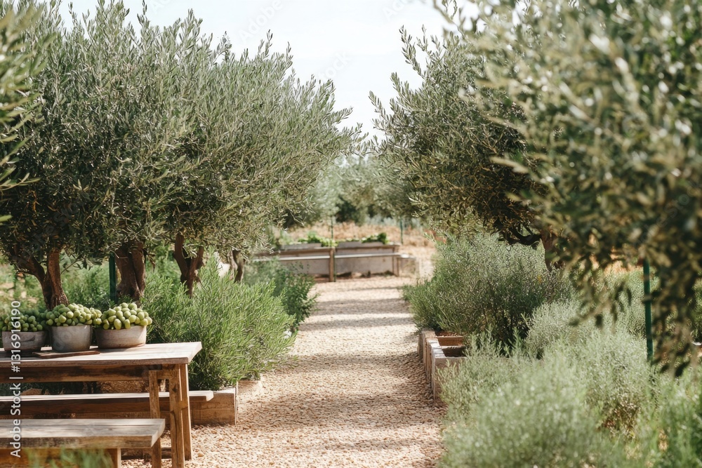 Serene Olive Grove Path with Rustic Wooden Table and Lush Greenery Inviting Tranquility and Natural Beauty in a Sun Drenched Garden Serene Olive Grove Path with Rustic Wooden Table and Lush Greenery Inviting Tranquility and Natural Beauty in a Sun Drenched Garden