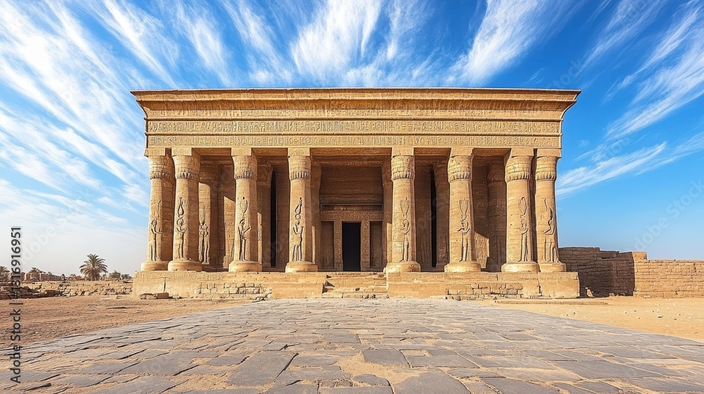 Obraz premium Ancient egyptian temple with columns and hieroglyphs under dramatic sky