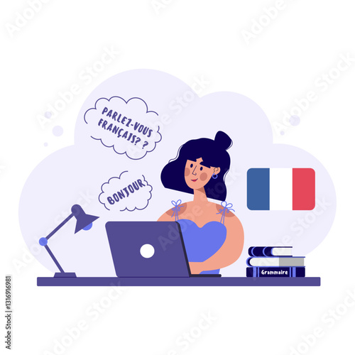 Online language school. Female student learns French online.Online education concept. Particular French lessons.French teacher.Vector illustration 