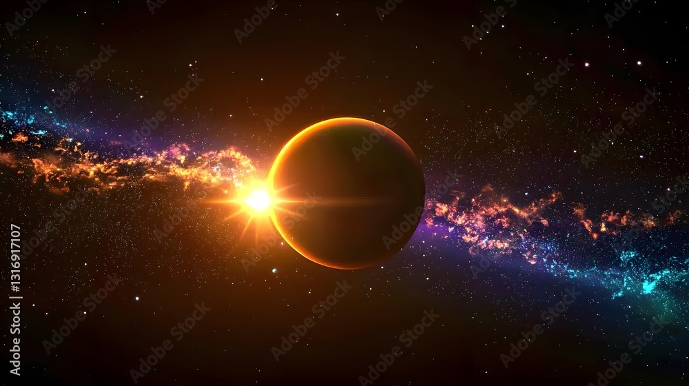 Naklejka premium Striking cosmic minimalist scene of solitary planet in the sky set against a dark space background