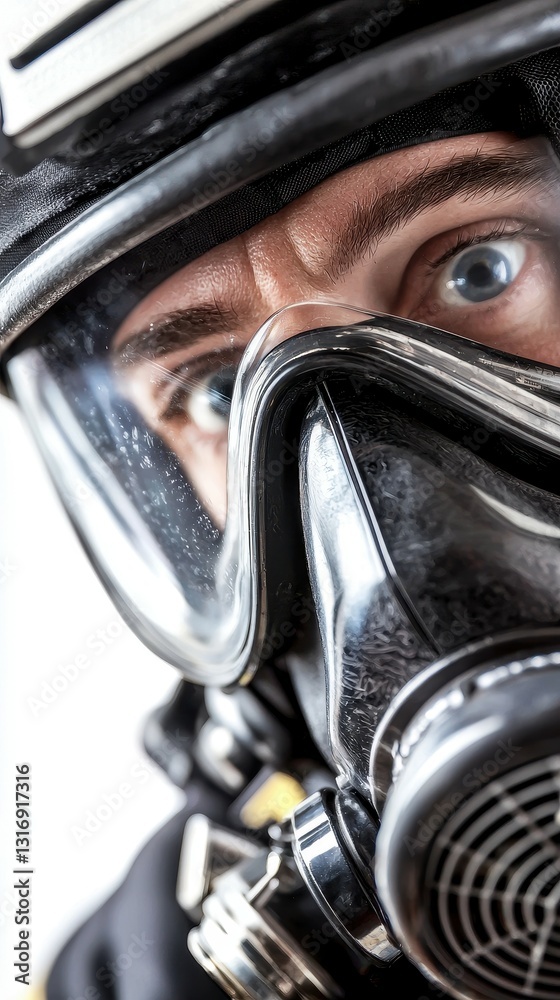 Fototapeta premium Closeup Portrait Firefighter Respirator Safety Gear