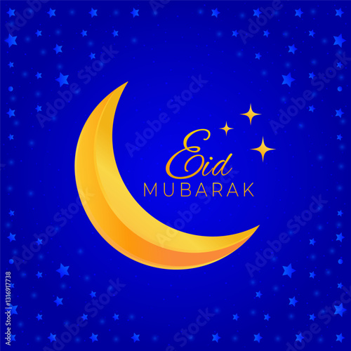 Eid mubarak greeting card. Blue background with moon, stars and sparkles. Vector illustration. Celebration concept.