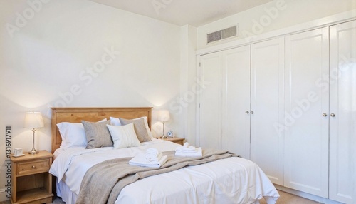 Cozy bedroom with warm lighting and neatly made bed